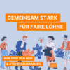 Illustration mit menschengruppe und Text: Gemeinsam stark für faire Löhne. Wir sind der NDR und stehen zusammen. – 